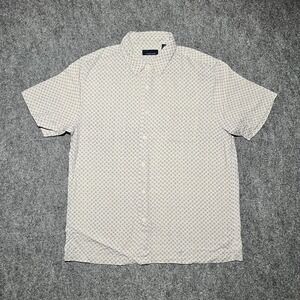 Toscano Silk Rayon Short Sleeve Mens XL Button Up Shirt Geometric Ivory Blue